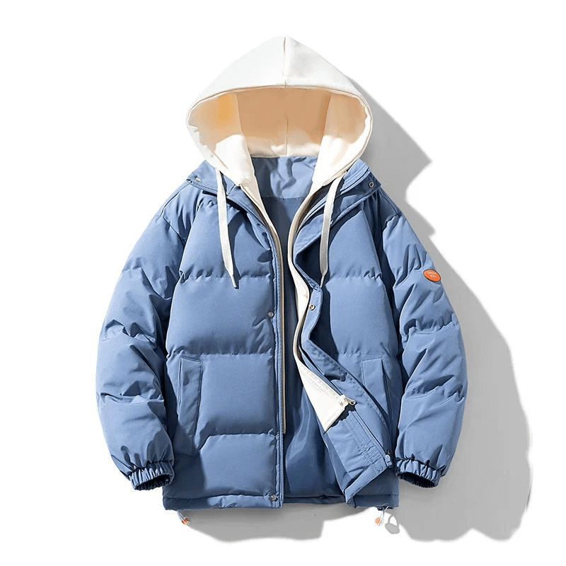 Stylish blue unisex hooded down jacket SF1938 with detachable hood and zipper, perfect for winter fashion and warmth.